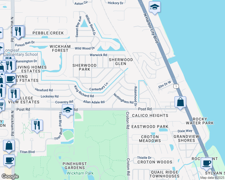 map of restaurants, bars, coffee shops, grocery stores, and more near 2187 King Richard Road in Melbourne