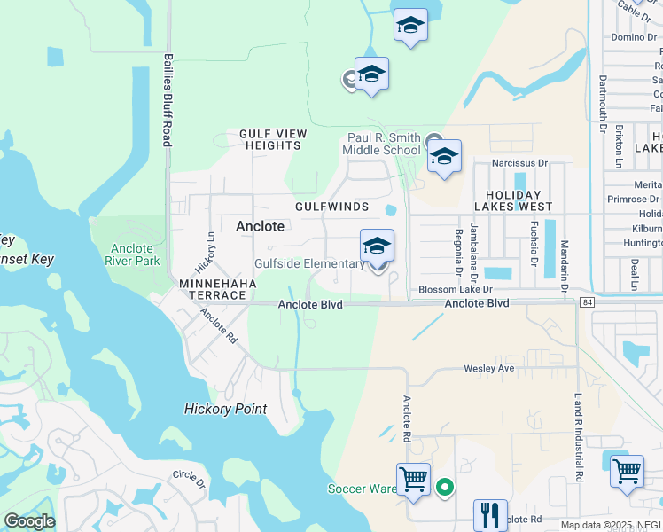 map of restaurants, bars, coffee shops, grocery stores, and more near 1035 Orca Court in Holiday