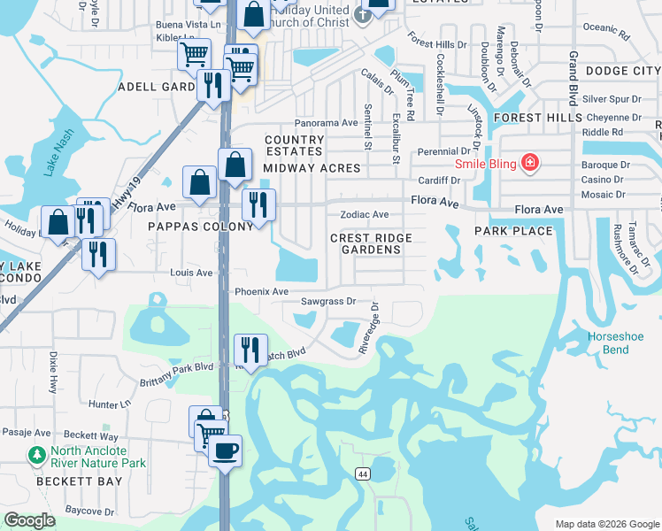 map of restaurants, bars, coffee shops, grocery stores, and more near 1044 Landau Street in Holiday