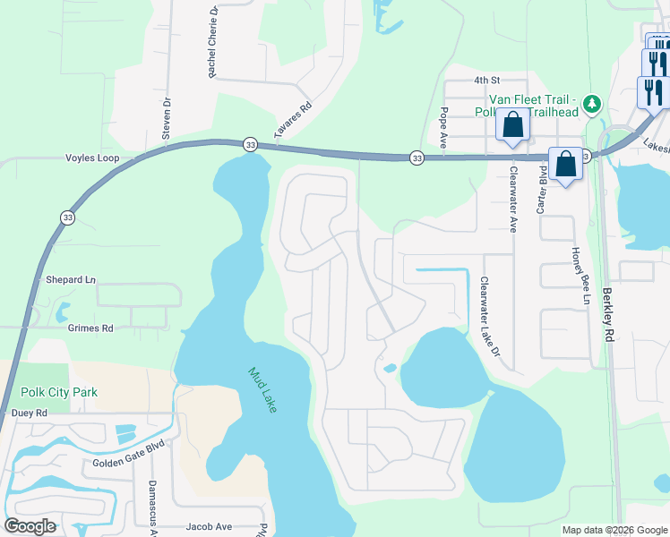 map of restaurants, bars, coffee shops, grocery stores, and more near 319 Travelers Drive in Polk City