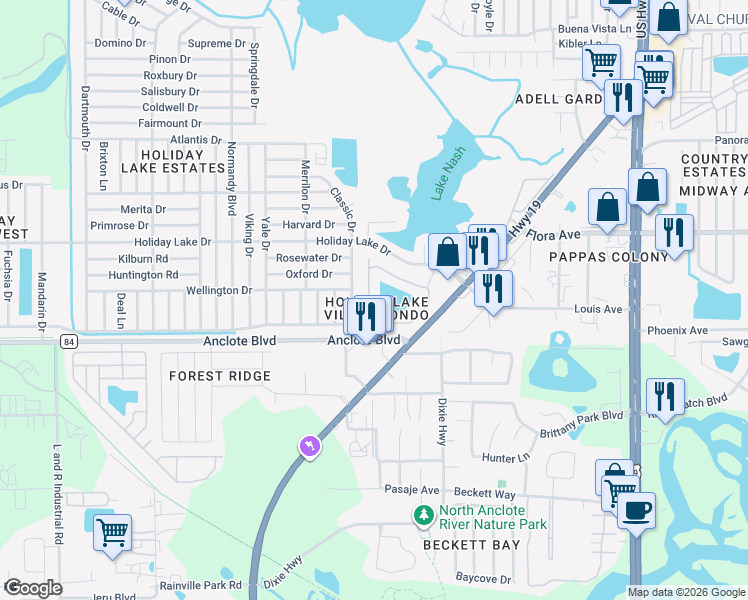 map of restaurants, bars, coffee shops, grocery stores, and more near 1039 Bowsprit Lane in Holiday