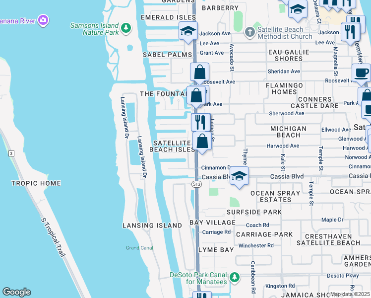 map of restaurants, bars, coffee shops, grocery stores, and more near 600 Kenwood Court in Satellite Beach