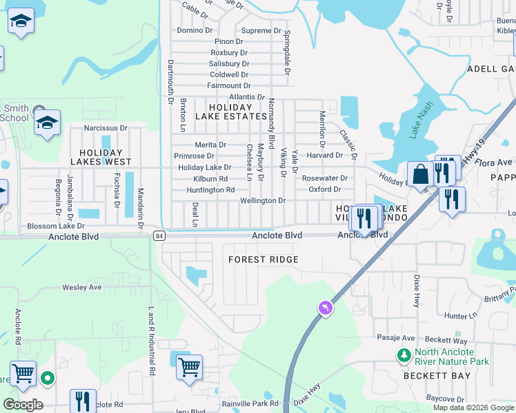 map of restaurants, bars, coffee shops, grocery stores, and more near 1051 Normandy Boulevard in Holiday