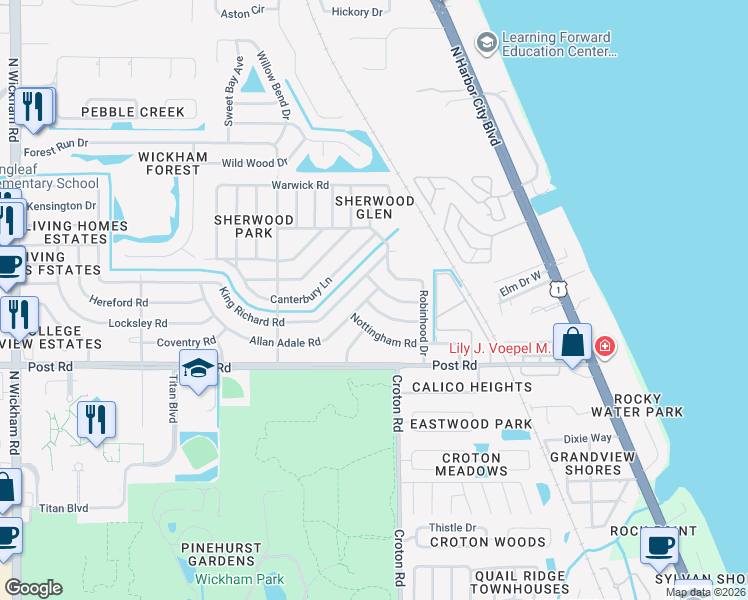 map of restaurants, bars, coffee shops, grocery stores, and more near 2130 Maid Marian Lane in Melbourne