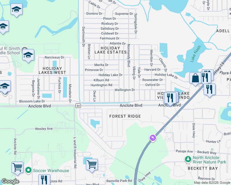 map of restaurants, bars, coffee shops, grocery stores, and more near 1050 Prescott Lane in Holiday