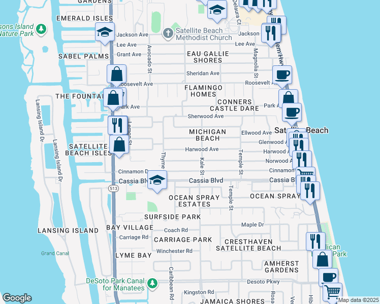 map of restaurants, bars, coffee shops, grocery stores, and more near 425 Harwood Avenue in Satellite Beach