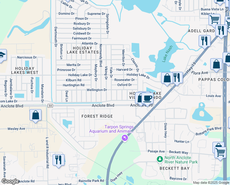 map of restaurants, bars, coffee shops, grocery stores, and more near 1051 Croydon Lane in Holiday