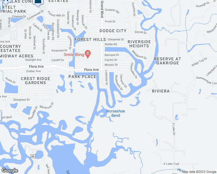 map of restaurants, bars, coffee shops, grocery stores, and more near 1044 Lodestar Drive in Holiday