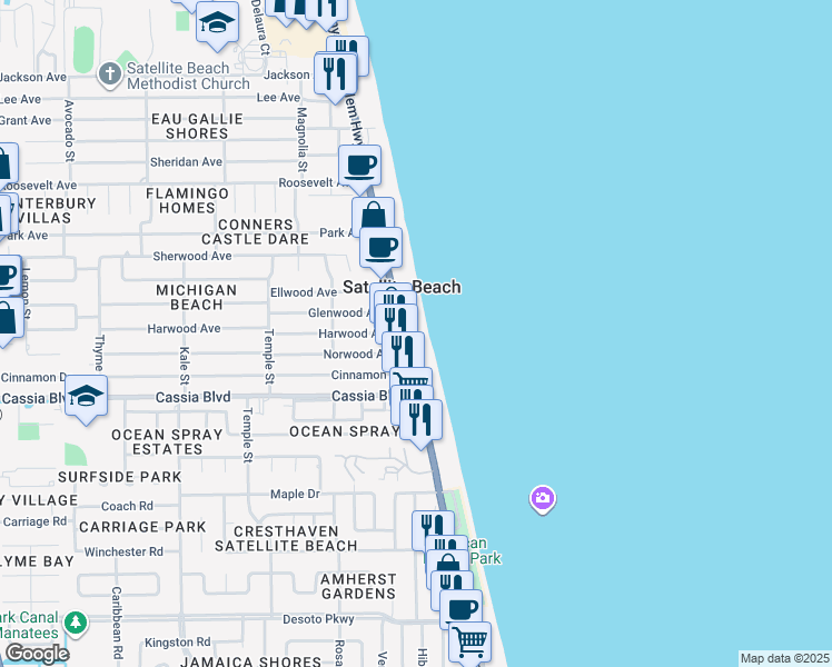map of restaurants, bars, coffee shops, grocery stores, and more near 1343 Florida A1A in Satellite Beach
