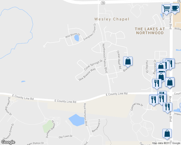 map of restaurants, bars, coffee shops, grocery stores, and more near 27112 Sea Breeze Way in Wesley Chapel
