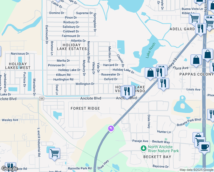 map of restaurants, bars, coffee shops, grocery stores, and more near 1051 Conoley Lane in Holiday