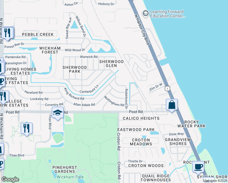 map of restaurants, bars, coffee shops, grocery stores, and more near 2130 Maid Marian Lane in Melbourne