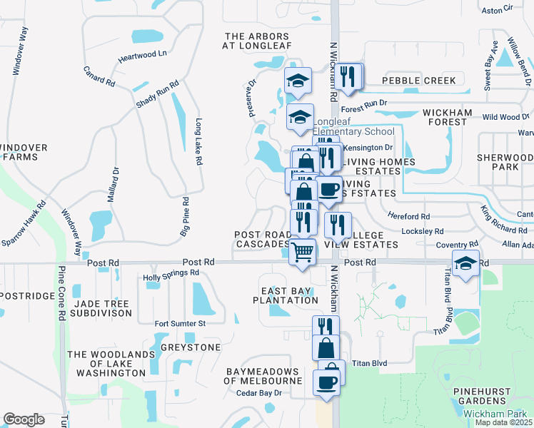 map of restaurants, bars, coffee shops, grocery stores, and more near 4212 Chelan Drive in Melbourne
