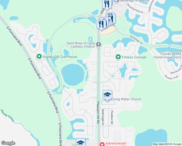 map of restaurants, bars, coffee shops, grocery stores, and more near 3949 Golden Finch Way in Kissimmee