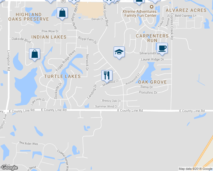 map of restaurants, bars, coffee shops, grocery stores, and more near 24348 Mistwood Court in Lutz