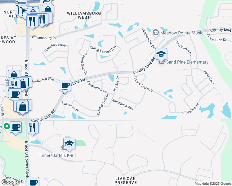 map of restaurants, bars, coffee shops, grocery stores, and more near 1214 Big Sky Drive in Zephyrhills