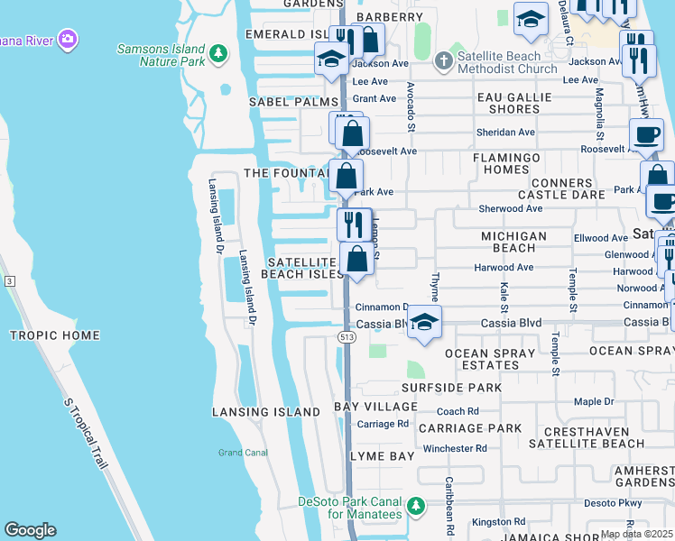 map of restaurants, bars, coffee shops, grocery stores, and more near 600 Kenwood Court in Satellite Beach