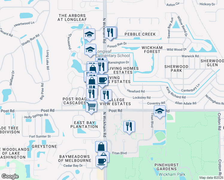 map of restaurants, bars, coffee shops, grocery stores, and more near 2910 College View Drive in Melbourne