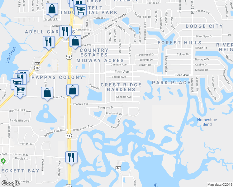 map of restaurants, bars, coffee shops, grocery stores, and more near 1048 Powersong Street in Holiday