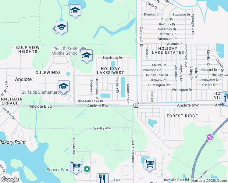 map of restaurants, bars, coffee shops, grocery stores, and more near 2722 Tung Drive in Holiday
