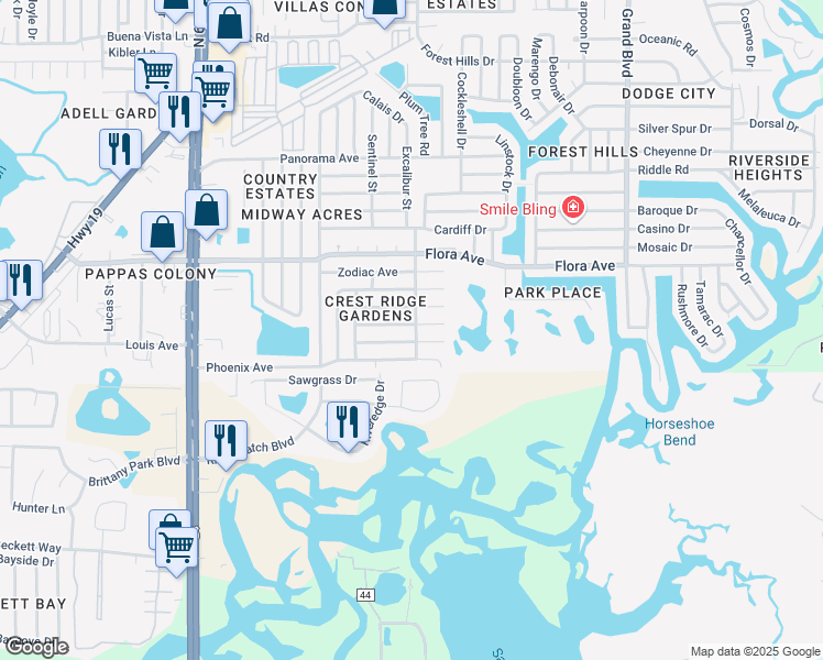 map of restaurants, bars, coffee shops, grocery stores, and more near 4948 Colonnade Avenue in Holiday