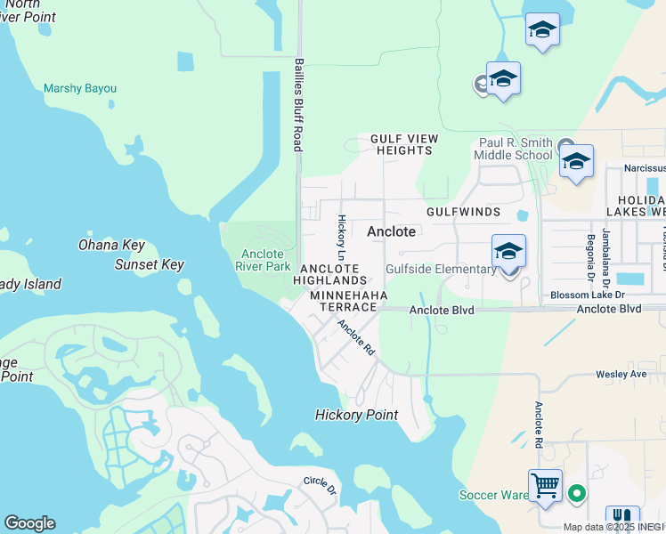 map of restaurants, bars, coffee shops, grocery stores, and more near 1103 Hickory Lane in Holiday