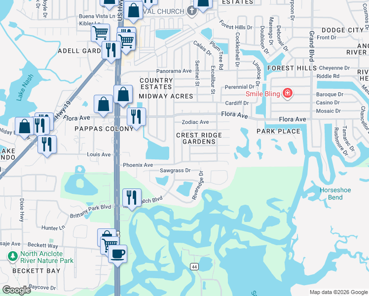 map of restaurants, bars, coffee shops, grocery stores, and more near 1048 Powersong Street in Holiday