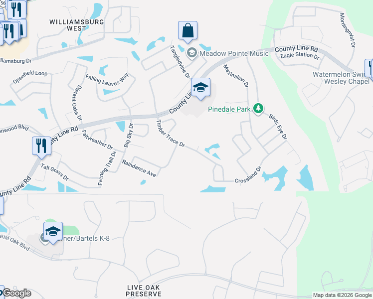 map of restaurants, bars, coffee shops, grocery stores, and more near 1223 Timber Trace Drive in Zephyrhills