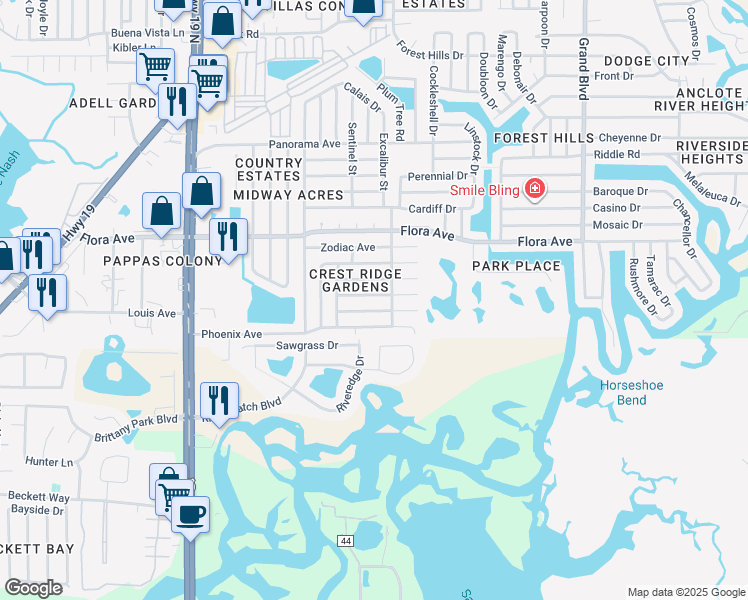 map of restaurants, bars, coffee shops, grocery stores, and more near 4929 Genesis Avenue in Holiday