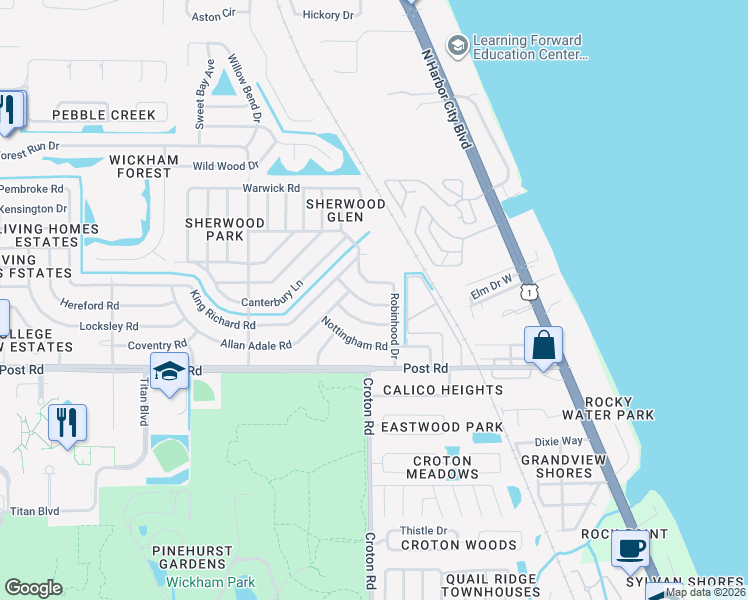 map of restaurants, bars, coffee shops, grocery stores, and more near 2032 Little John Road in Melbourne