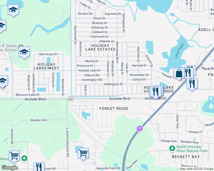 map of restaurants, bars, coffee shops, grocery stores, and more near 1103 Chelsea Lane in Holiday