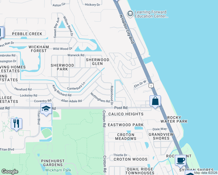 map of restaurants, bars, coffee shops, grocery stores, and more near 2032 Little John Rd in Melbourne