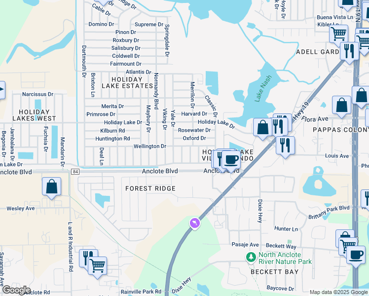 map of restaurants, bars, coffee shops, grocery stores, and more near 1051 Conoley Lane in Holiday