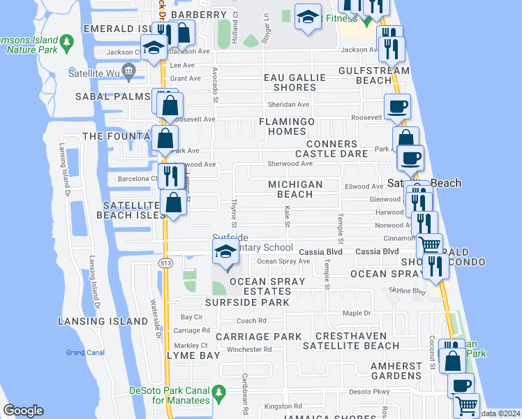 map of restaurants, bars, coffee shops, grocery stores, and more near 425 Harwood Avenue in Satellite Beach