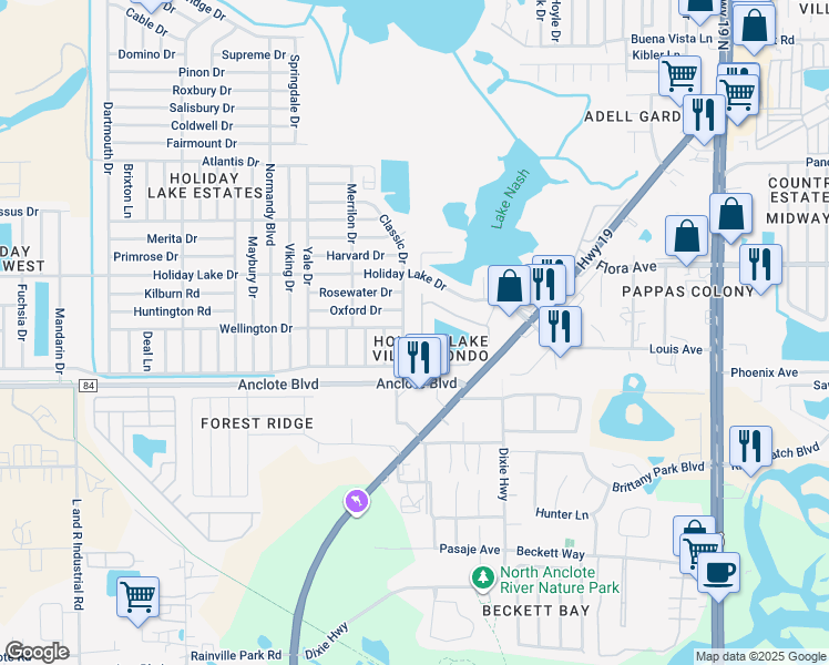 map of restaurants, bars, coffee shops, grocery stores, and more near 1039 Bowsprit Lane in Holiday