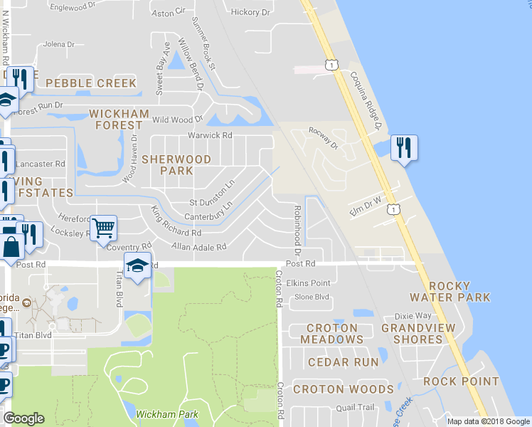map of restaurants, bars, coffee shops, grocery stores, and more near 2130 Maid Marian Lane in Melbourne