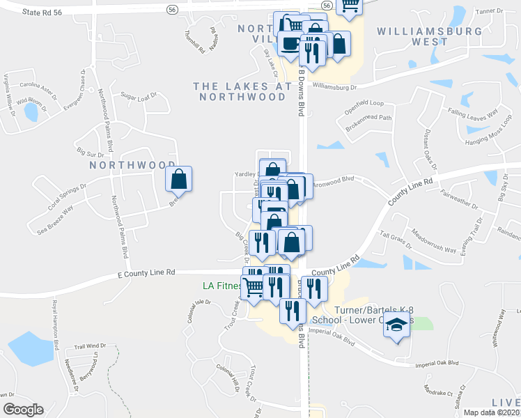 map of restaurants, bars, coffee shops, grocery stores, and more near 1220 Baycrest Drive in Wesley Chapel