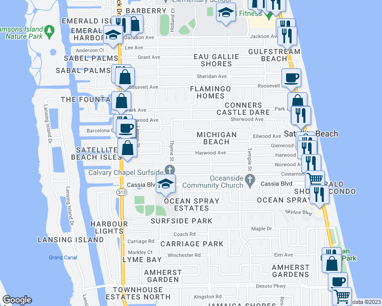 map of restaurants, bars, coffee shops, grocery stores, and more near 425 Harwood Avenue in Satellite Beach