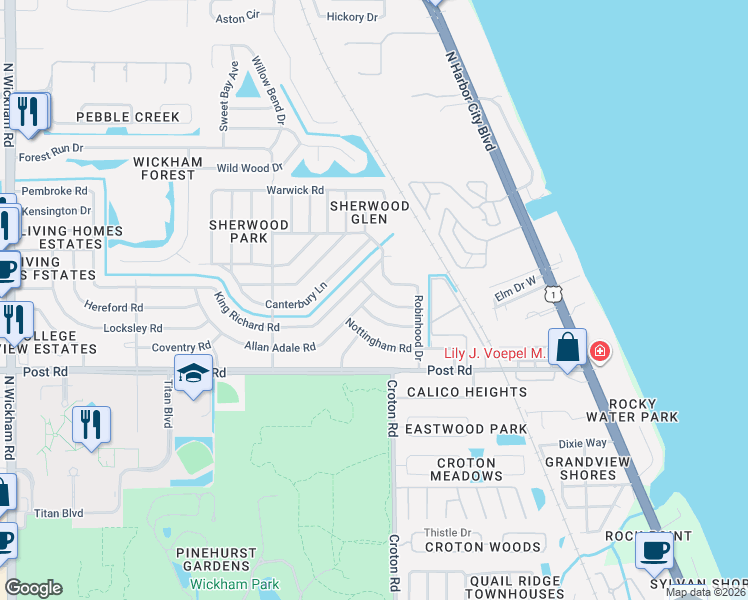 map of restaurants, bars, coffee shops, grocery stores, and more near 2105 Little John Road in Melbourne