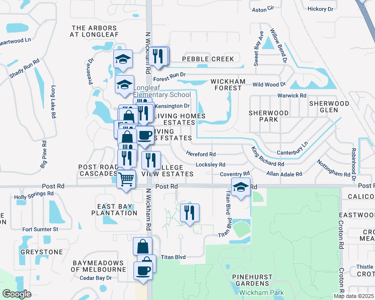 map of restaurants, bars, coffee shops, grocery stores, and more near 2762 Hereford Road in Melbourne
