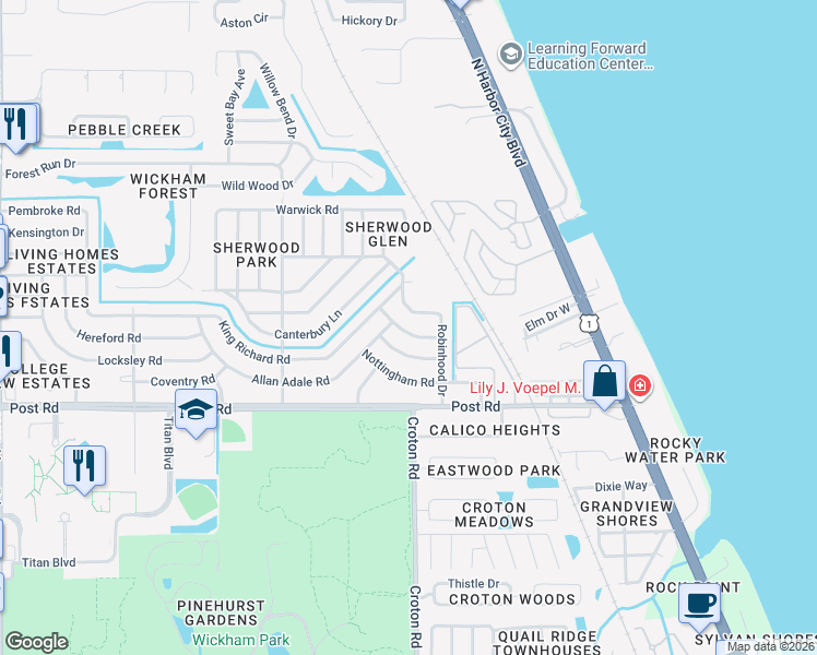 map of restaurants, bars, coffee shops, grocery stores, and more near 2130 Maid Marian Lane in Melbourne