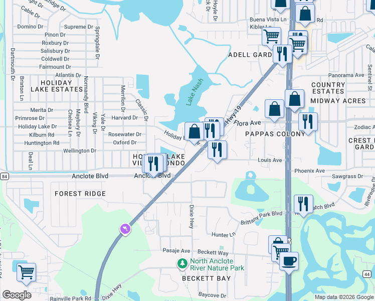 map of restaurants, bars, coffee shops, grocery stores, and more near 3936 Sailmaker Lane in Holiday