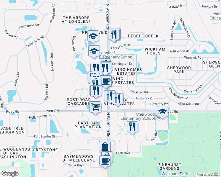 map of restaurants, bars, coffee shops, grocery stores, and more near 2910 College View Drive in Melbourne