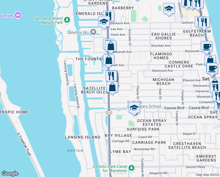 map of restaurants, bars, coffee shops, grocery stores, and more near 1325 South Patrick Drive in Satellite Beach