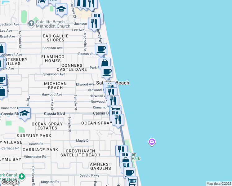 map of restaurants, bars, coffee shops, grocery stores, and more near 1343 Highway A1A in Satellite Beach