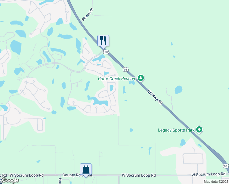 map of restaurants, bars, coffee shops, grocery stores, and more near Red Cedar Drive in Lakeland