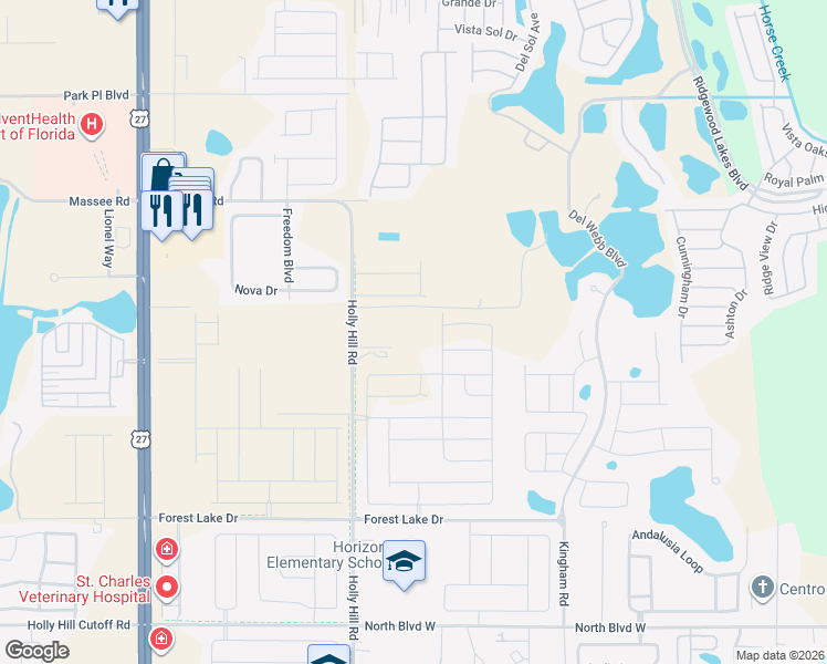map of restaurants, bars, coffee shops, grocery stores, and more near 1250 Holly Hill Road in Davenport