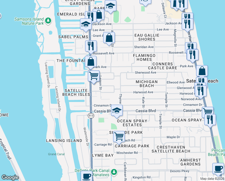 map of restaurants, bars, coffee shops, grocery stores, and more near 535 Harwood Avenue in Satellite Beach