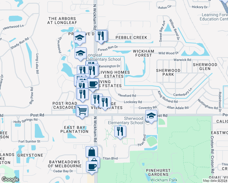 map of restaurants, bars, coffee shops, grocery stores, and more near 2781 Hereford Road in Melbourne