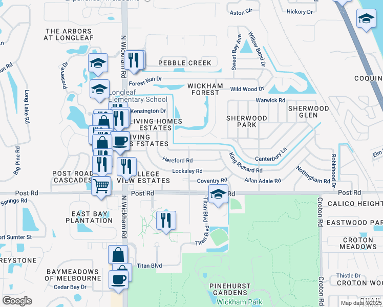 map of restaurants, bars, coffee shops, grocery stores, and more near 2678 Hereford Road in Melbourne
